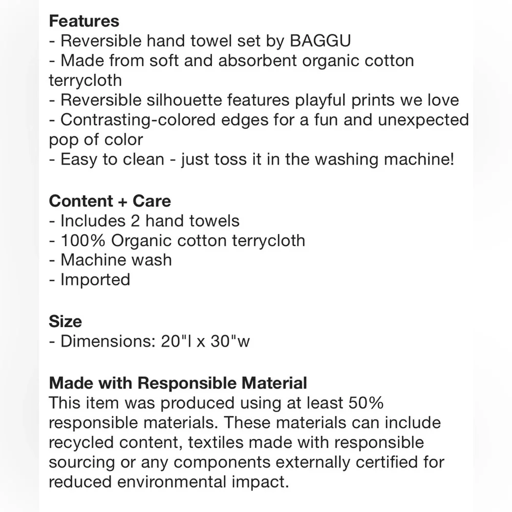 BAGGU Reversible Hand Towel Set NEW NWT